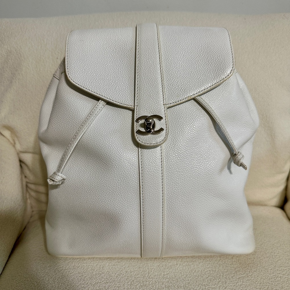 Chanel White Caviar Leather Backpack with CC Turnlock
